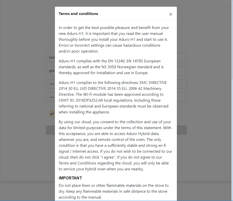 Terms og conditions i Aduro Cloud