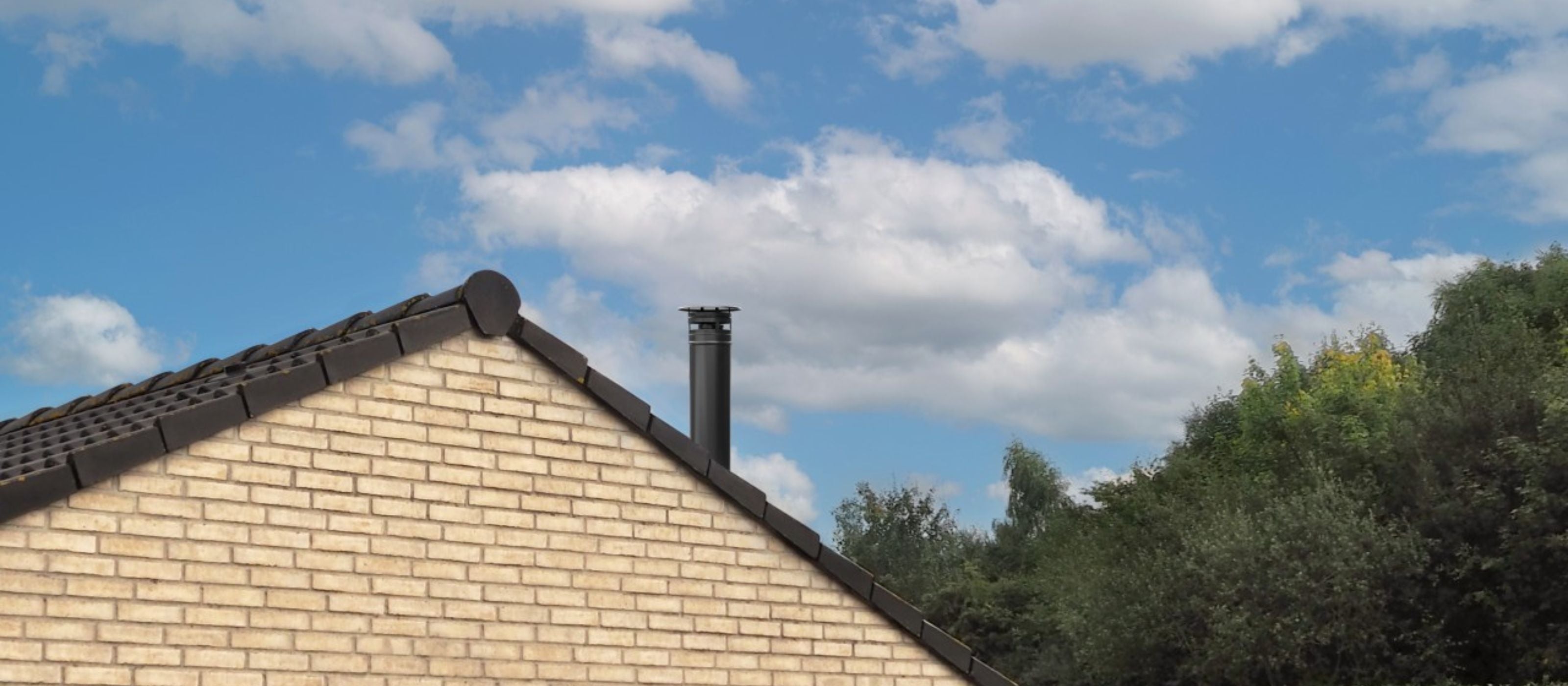 Skorsten ovenpå tag med himmel og skov i baggrunden