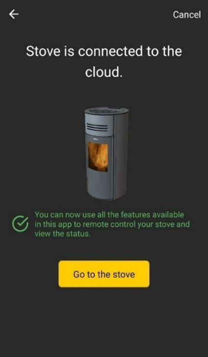Bekræftelse af ovntilslutning i Aduro Pellet Stove App